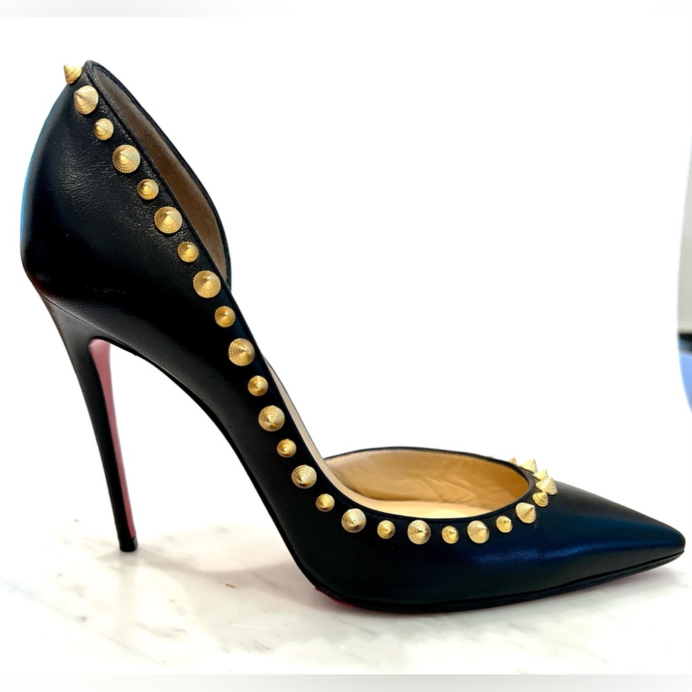 Christian Louboutin Black Leather Gold Round Stud Classy-Unique-Sexy Valentine’s